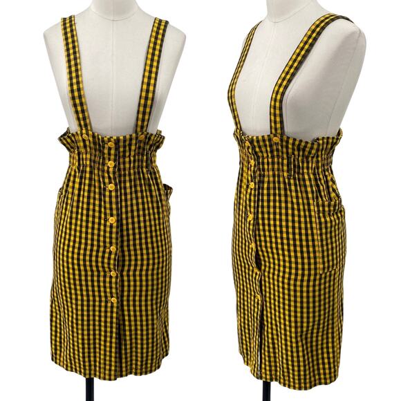 Vintage Dresses & Skirts - Vintage 90s Esprit Plaid Jumper Skirt Paperbag Cinched Waist Yellow Black XS